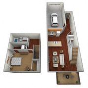 Floor plan for 1 bed, 1.5 baths, 840 sqft